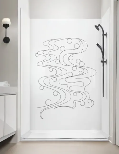White acrylic shower wall panel with abstract line and circle design