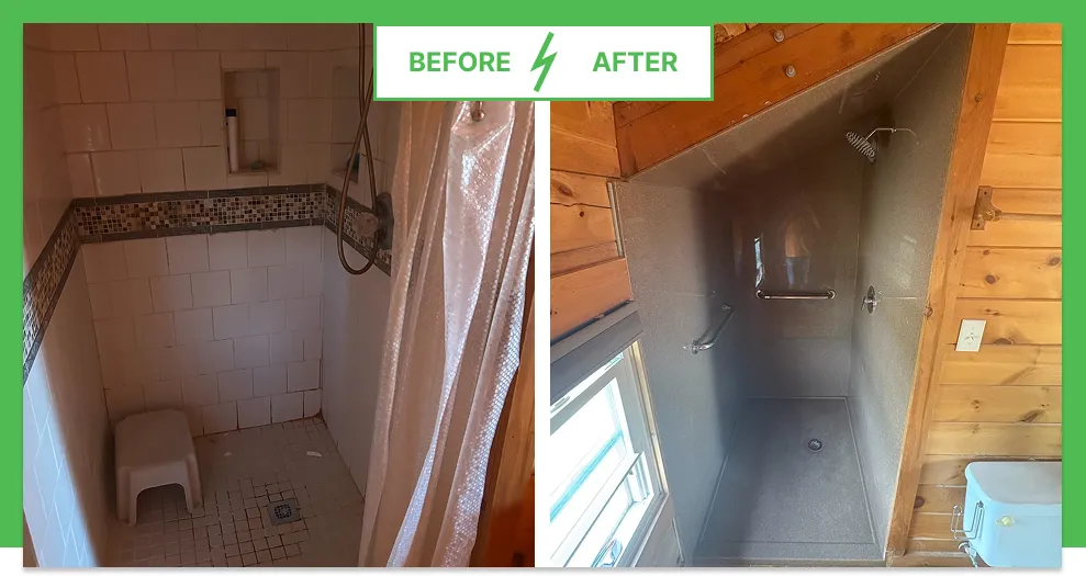 Before and after photos of a bathroom renovation, showing the replacement of an old white tile shower with a modern, one-piece solid surface shower enclosure in a rustic, wood-paneled bathroom.