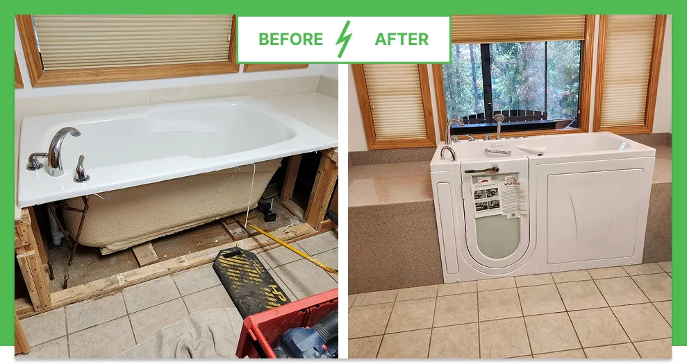 Before and after comparison showing replacement of a standard bathtub with a new white walk-in tub installed in a residential bathroom.
